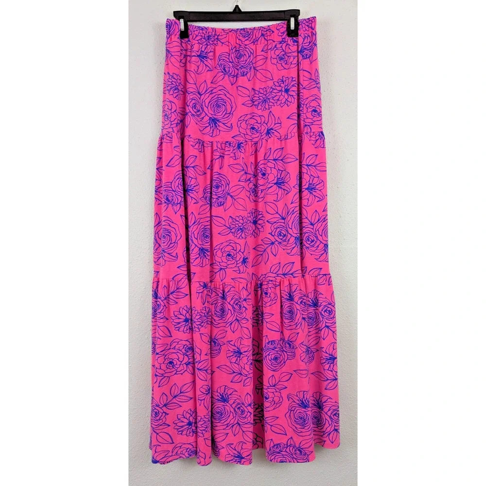 LuLaRoe Pink Maxi Skirt with Blue Floral Print